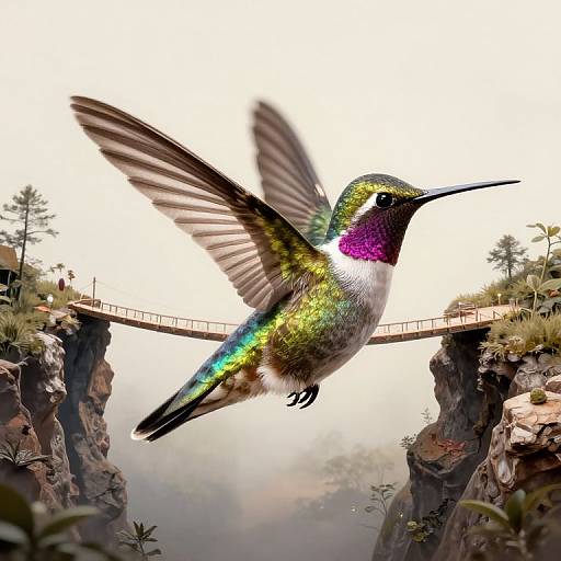 Digital art of a vibrant, iridescent hummingbird mid-flight over a misty cliff bridge with trees and rocky cliffs in the background.
