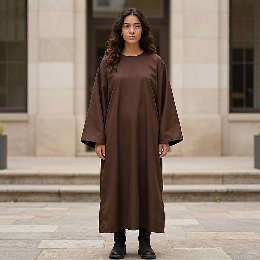 Photograph of a young woman with long dark hair, wearing a loose, brown, long-sleeve tunic and black boots, standing on a