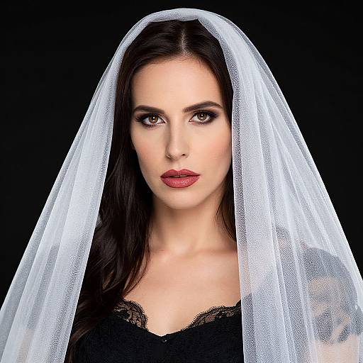 Photograph of a fair-skinned woman with dark brown hair, wearing a white lace veil and black lace top, with bold red lipstick, against a