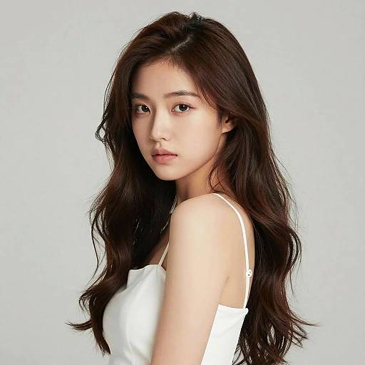 Photograph of an Asian woman with long, wavy black hair, wearing a white, spaghetti-strap top, looking over her shoulder against a plain