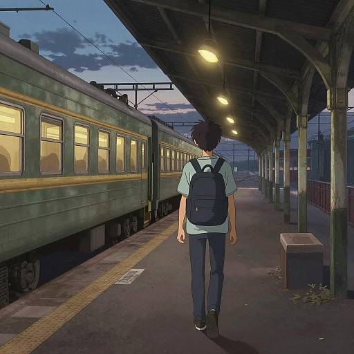 Contemplative Boy at Twilight Train Station