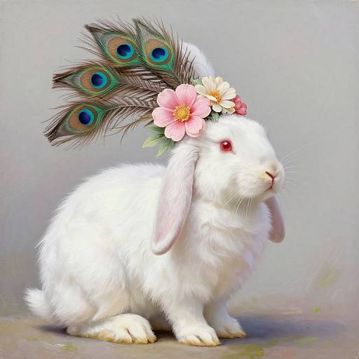 White rabbit with red eyes, adorned with peacock feathers and pink flowers on its head, sitting against a gray background. Digital illustration.