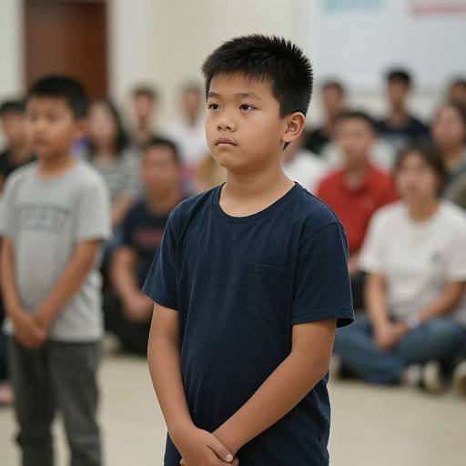 Photograph of a young Asian boy with short black hair, wearing a black t-shirt, standing with hands clasped, in a blurred classroom setting with
