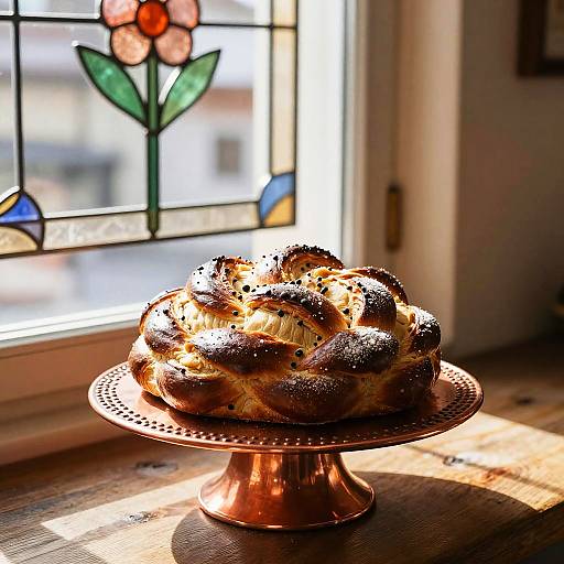 Sunlit Zopf Loaf on Copper Stand