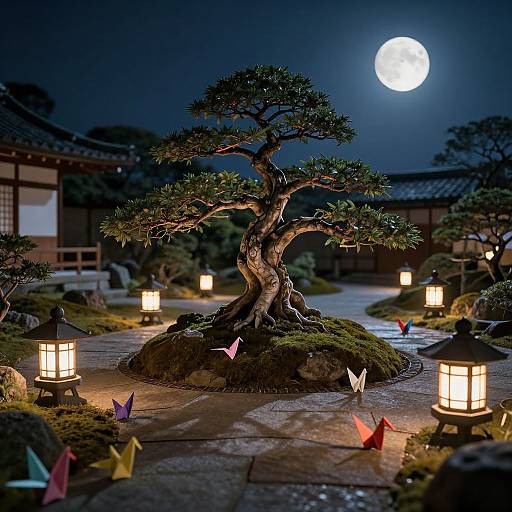 Photograph of a moonlit Japanese garden featuring a twisted bonsai tree surrounded by colorful paper lanterns and illuminated by lanterns.