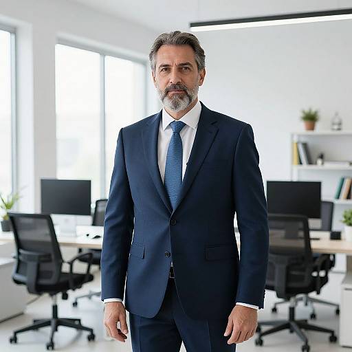 Photograph of a middle-aged man with gray hair and beard, wearing a dark blue suit, white shirt, and blue tie, standing in a bright