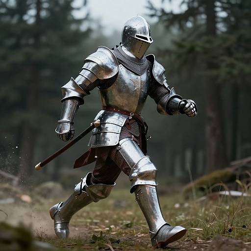 Photograph of a knight in shiny, silver armor with a sword, running through a dark, foggy forest with tall trees.