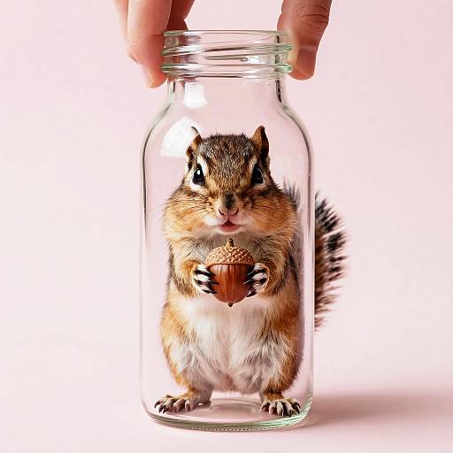Photograph of a small chipmunk with brown and white fur, holding a nut, inside a clear glass jar, being held by a hand at