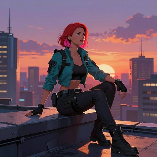 Strong Woman on Rooftop at Sunset