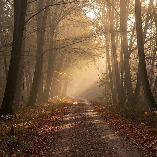 Photograph of a sunlit, misty forest path lined with tall, leafless trees, covered in fallen autumn leaves, creating a serene, golden