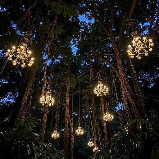 Photograph of glowing, golden chandeliers hanging from tall, dark tree branches against a twilight blue sky in a lush forest.
