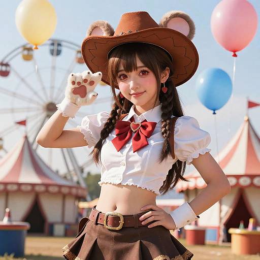 Digital artwork of a cute anime girl in a cowgirl outfit with bear ears hat, red bow, puffed sleeves, and paw gloves, posing outdoors