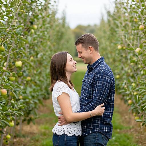 Photograph of a smiling couple standing in an apple orchard, the woman in a white lace top, the man in a blue plaid shirt,