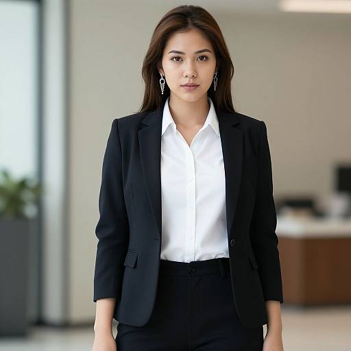 Photograph of an Asian woman with long dark hair, wearing a black blazer, white shirt, and black pants, standing in a modern office with