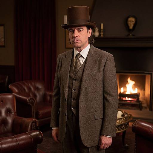 Photograph of a serious-looking man in Victorian-era brown suit, matching top hat, white shirt, and brown tie, standing in a dimly lit