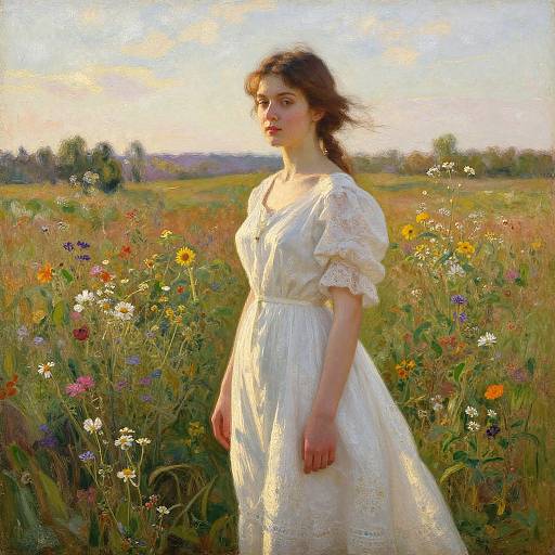 A young woman in a white, lace-trimmed dress stands in a sunlit, colorful wildflower field, her brown hair gently blowing, with