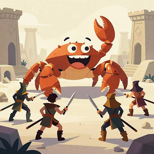 Cartoon-style digital drawing of four medieval warriors with swords facing a large, smiling, red crab in a sunlit, ancient stone courtyard.