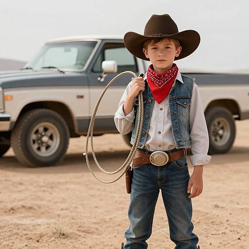 Young boy in cowboy outfit with black hat, red bandana, denim vest, and jeans, holding lasso rope, standing in front of a white