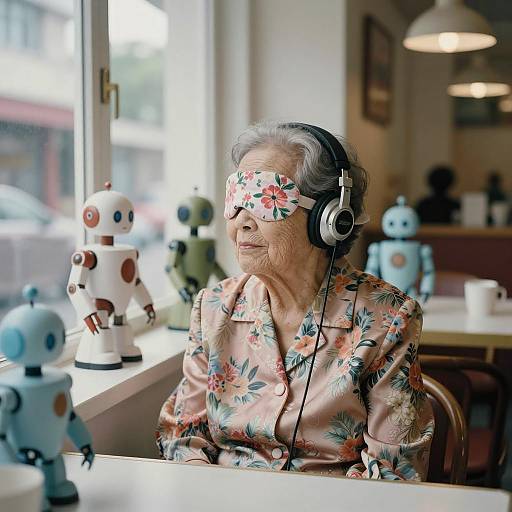 Elderly Woman with Headphones and Floral Eyemask in Cafe with Mini Robots
