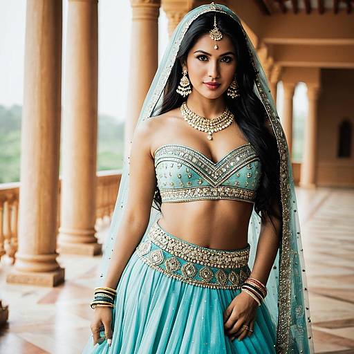 Woman in Blue Bridal Lehenga with Jewelry