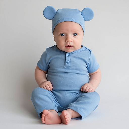 Photograph of a cute, blue-eyed baby in a light blue onesie and matching hat with bear ears, sitting against a plain white background.