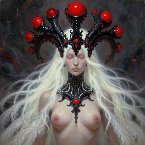 Digital painting of a pale-skinned, topless woman with long white hair, wearing a black, ornate crown with red orbs, set against a