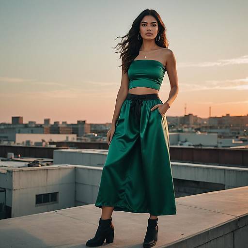 Woman in Emerald Green Satin Outfit on Rooftop