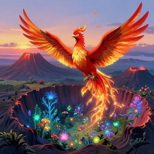 Digital artwork of a vibrant red phoenix with outstretched wings soaring over a glowing, bioluminescent crater surrounded by colorful flowers and volcanic mountains at