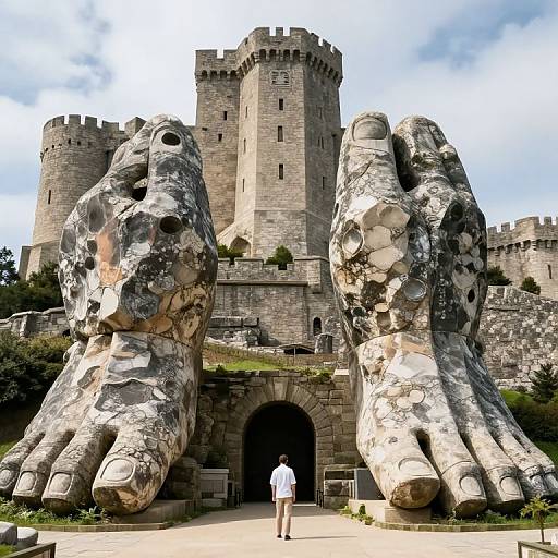 Photograph of a man standing before a castle entrance guarded by massive, textured stone sculptures resembling giant hands and feet.