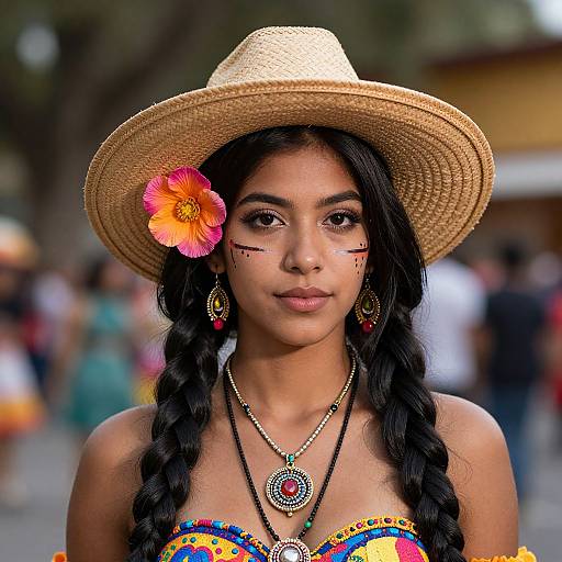 Photograph of a young woman with dark hair in braids, wearing a straw hat, colorful strapless top, and flower in her hair, adorned