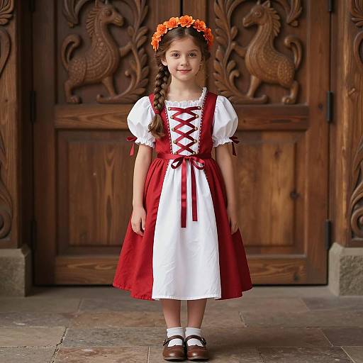Young Girl in Traditional Red and White Dress