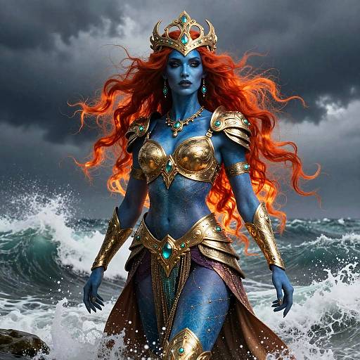 Digital painting of a blue-skinned, red-haired sea goddess with golden armor and crown, standing in turbulent waves under a stormy sky.