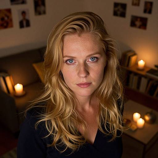 Photograph of a serious-looking blonde woman with blue eyes, wearing a black top, in a dimly lit room with candles, photos on the wall