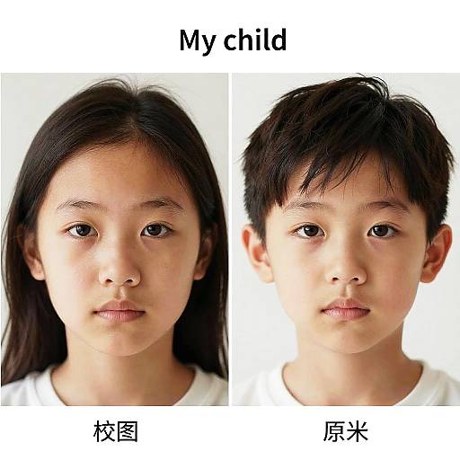Photograph of a young Asian girl with long black hair (left) and a young Asian boy with short black hair (right), both with neutral expressions