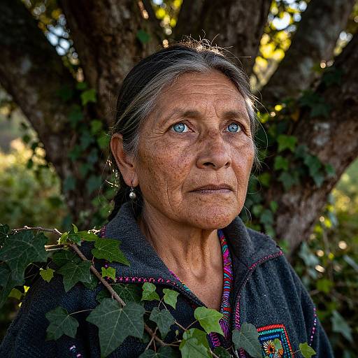 Photograph of an elderly Native American woman with gray hair, blue eyes, and weathered skin, wearing a dark embroidered top, standing in a sun
