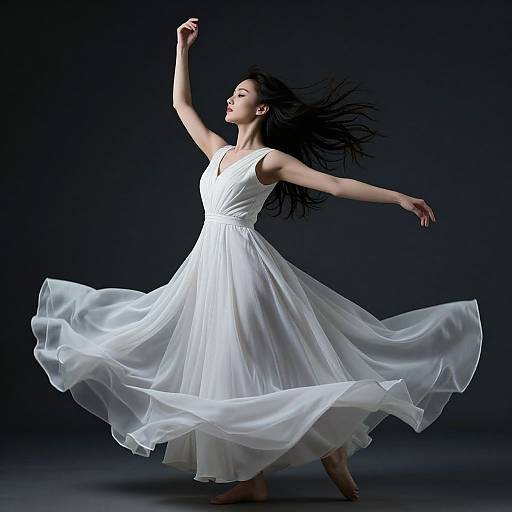 Photograph of a graceful woman with long black hair, wearing a flowing white dress, dancing against a dark background, arms raised, dress billowing.