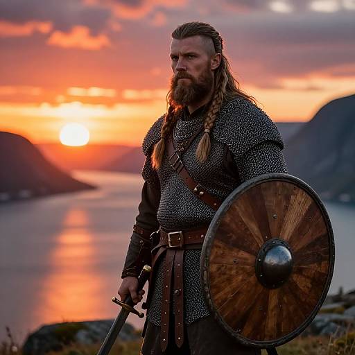Photograph of a bearded Viking warrior with long braided hair, wearing chainmail and leather, holding a sword and wooden shield, against a vibrant