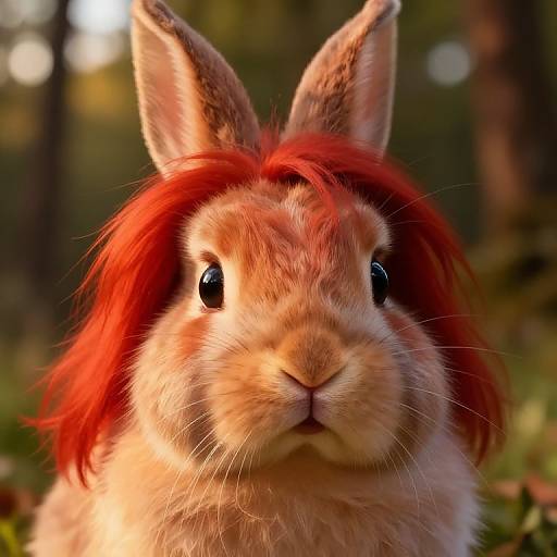 Close-up photograph of a brown rabbit with vibrant red hair, large black eyes, and upright ears, set against a blurred forest background.