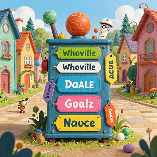 Vibrant cartoon-style CGI image of a colorful signpost labeled 