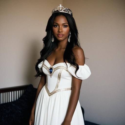 Elegant Dark-Skinned Woman in White Off-Shoulder Dress and Tiara