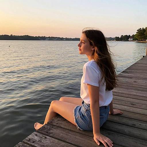 Photograph of a young woman with long brown hair, wearing a white t-shirt and denim shorts, sitting on a wooden dock at sunset, gazing