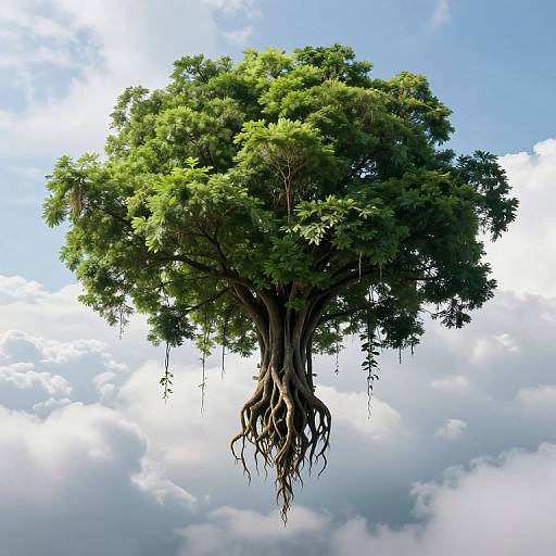 Photorealistic digital artwork of a floating tree with lush green foliage, visible roots, and hanging vines against a blue sky with white clouds.