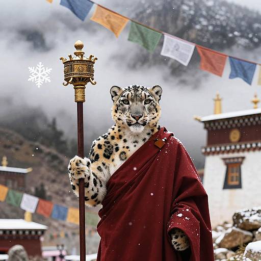 Photograph of a snow leopard anthropomorphized as a regal figure, holding a golden staff, draped in a red robe, amidst colorful prayer