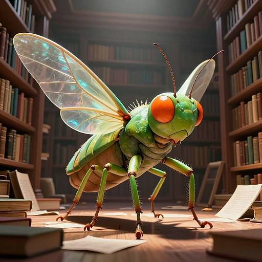 CGI image of a giant, green, iridescent fly with large orange eyes in a dimly lit library, surrounded by scattered books.