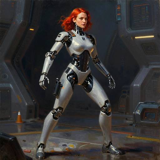 Female Cyborg Guard in Futuristic Suit