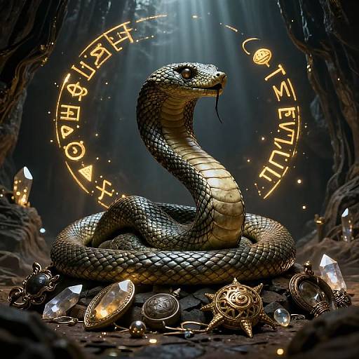 Digital illustration of a serpent with glowing eyes, coiled in a dark cave. Golden runes encircle it, surrounded by crystals, gemstones, and