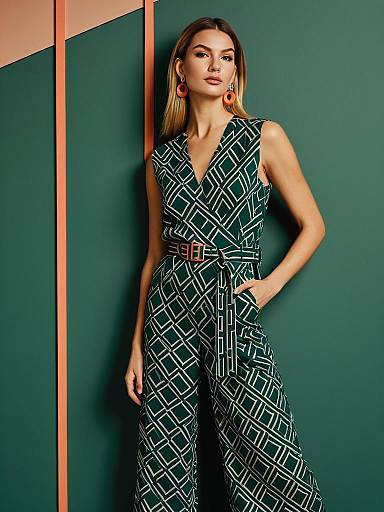 Woman in Geometric Print Jumpsuit