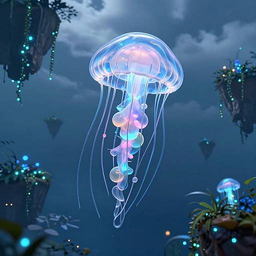 Glowing blue jellyfish with translucent tentacles floating in a dark, bioluminescent underwater cave, surrounded by floating plants and glowing orbs.