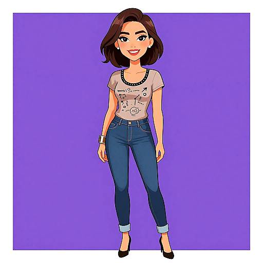 Digital illustration of a smiling woman with short brown hair, wearing a graphic t-shirt, blue jeans, black heels, and a watch, set against a