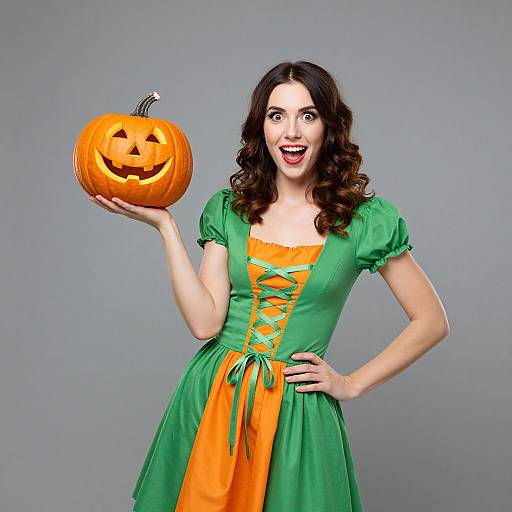 Photograph of a smiling woman with curly brown hair, wearing a green and orange Halloween dress, holding a carved pumpkin with a jack-o'-lantern